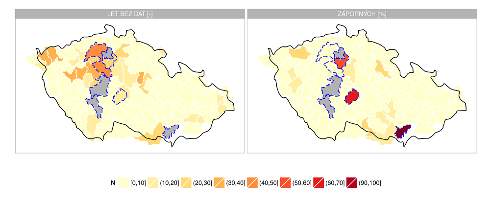 Obr. 2.2 Počet let bez dat v období 1961–2010 (vlevo) a poměr záporných průtoků (vpravo). Šedě jsou vyznačena povodí, pro něž nebyla k dispozici žádná využitelná data. Modře jsou ohraničena povodí, pro která je řada využitelných dat kratší než 10 let nebo poměr záporných dat vyšší než 25 %.